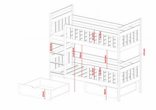 Drveni dječji krevet na kat Monika s ladicom, 200 x 90 cm, grafit