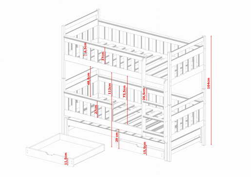 Drveni dječji krevet na kat Kors s tri kreveta i ladicom, 160 x 80 cm, grafit