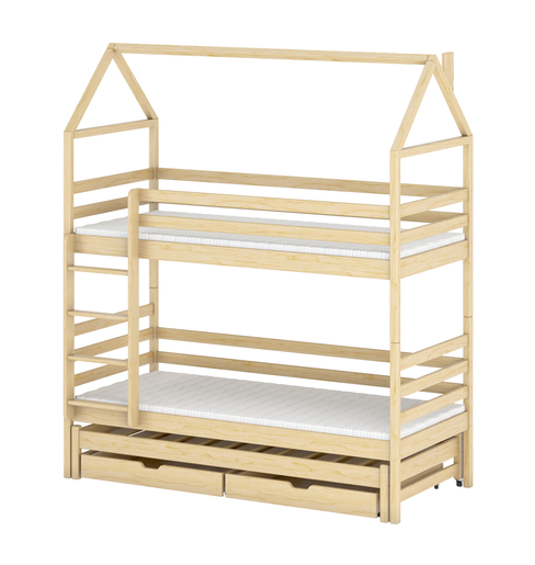 Drveni dječji krevet na kat Dalia s tri kreveta i ladicom, 200 x 90 cm, svijetlo drvo