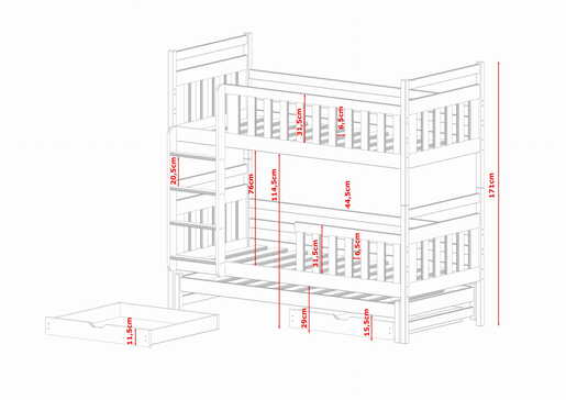 Drveni dječji krevet na kat Klara s tri kreveta i ladicom, 190 x 90 cm, bijeli
