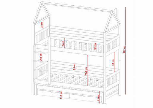Drveni dječji krevet na kat Iga s tri kreveta i ladicom, 180 x 80 cm, svijetlo drvo