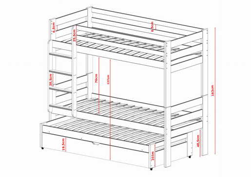 Drveni dječji krevet na kat Lessi s tri kreveta i spremištem, 190 x 90 cm, bijeli