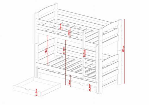 Drveni dječji krevet na kat Cezar s tri kreveta i ladicom, 200 x 90 cm, grafit