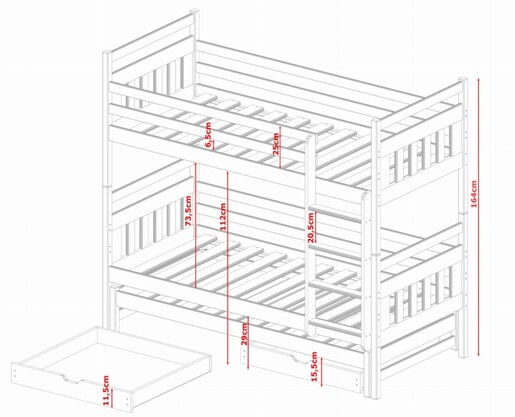 Drveni dječji krevet na kat Seweryn s tri kreveta i ladicom, 190 x 90 cm, bijeli
