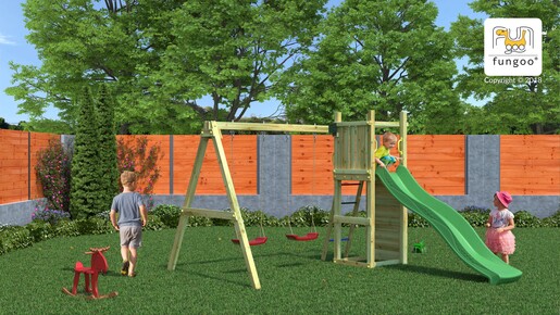 Fungoo drveno dječje igralište - set FUNNY 3 s duplom ljuljačkom i pješčanikom