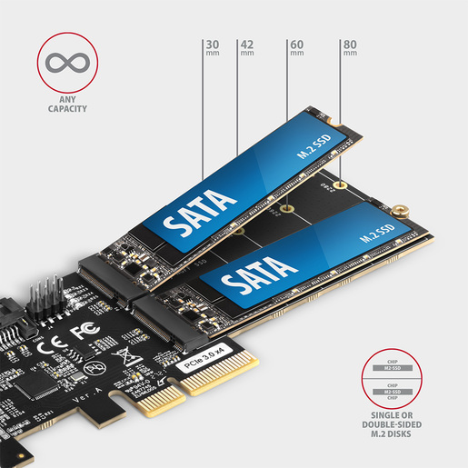 Axagon kontroler PCIe, 2x M.2 SATA + 2x SATA, standard & low profile (PCES-SA4M2)