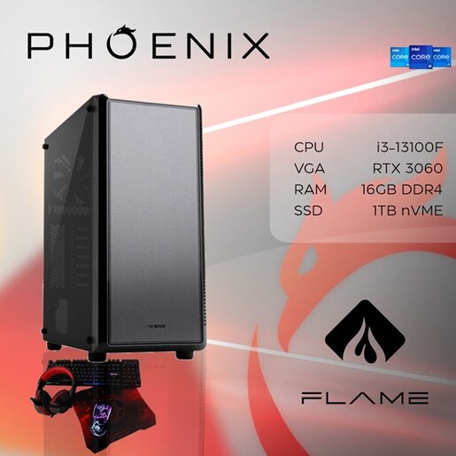 Phoenix FLAME Y-524, Intel Core i3-13100F, 16GB RAM, 1TB M.2 SSD, nVidia GeForce RTX 3060, NoOS, stolno računalo