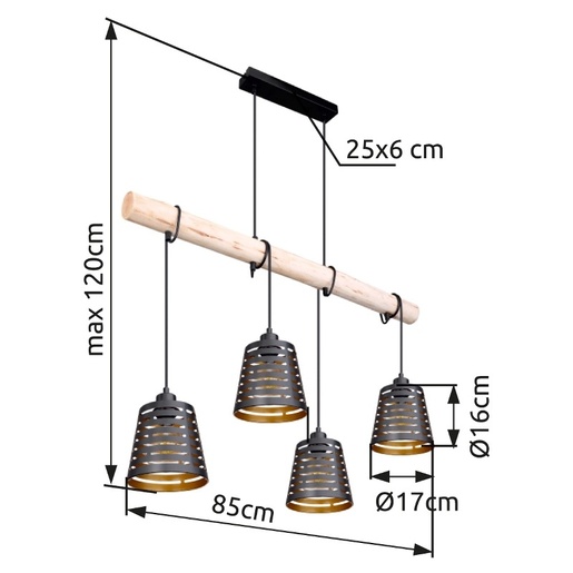 Viseća svjetiljka ABLONA, 4xE27, IP20, crno-zlatna