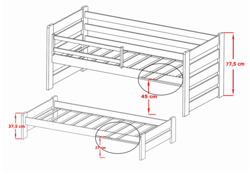 Drveni dječji krevet Senso s dodatnim krevetom i ladicom 180x80 cm, bijeli