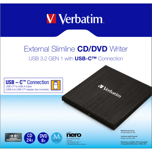 Eksterni optički uređaj Verbatim CD/DVD Slimline, DVD±RW , Crni, USB3.2/USB-C (V043886)