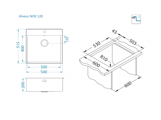 Alveus sudoper NOX 120, brušeni čelik