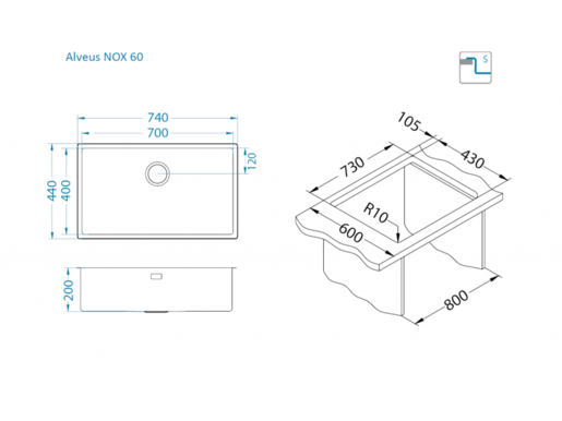 Alveus sudoper NOX 60, brušeni čelik