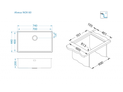 Alveus sudoper NOX 60, brušeni čelik