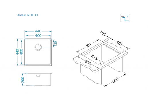Alveus sudoper NOX 30, brušeni čelik