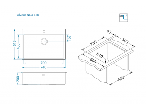 Alveus sudoper NOX 130, brušeni čelik