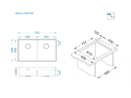Alveus sudoper NOX 80, brušeni čelik