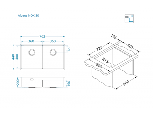 Alveus sudoper NOX 80, brušeni čelik