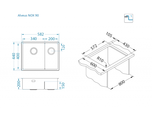 Alveus sudoper NOX 90 lijevi, brušeni čelik