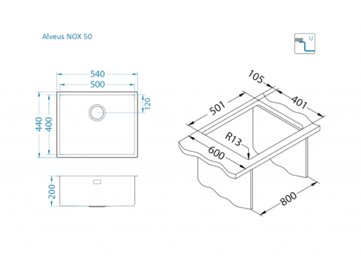 Alveus sudoper NOX 50, brušeni čelik