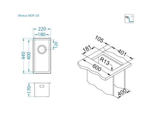 Alveus sudoper NOX 10, brušeni čelik