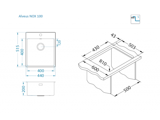 Alveus sudoper NOX 100, brušeni čelik