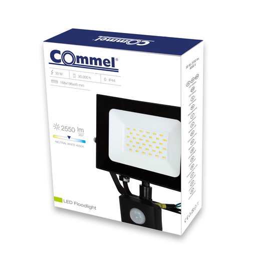 COMMEL LED reflektor s detektorom pokreta 30W, 4000K, 2550 lm, IP44, crni