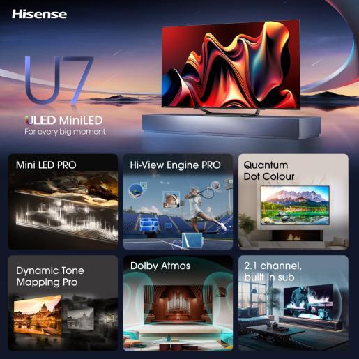 Hisense 75" ULED Mini-LED TV 75U7NQ, 4K UHD, VIDAA Smart TV, Full Array Local Dimming