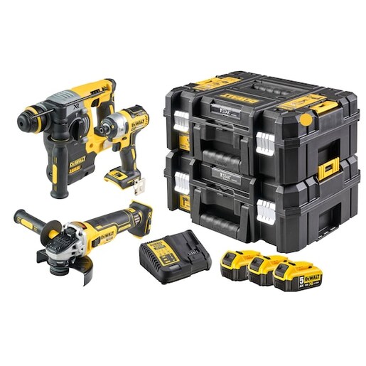 DEWALT aku set DCK305P3T 18V, brusilica DCG405 + bušaći čekić DCD273 + udarni odvijač DCF887, 3x5Ah, 2xTSTAK