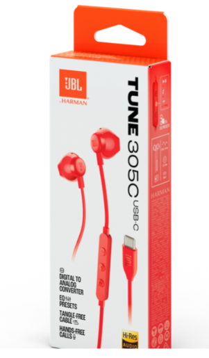 JBL Tune 305C, In-Ear, USB-C, žičane slušalice, crvena