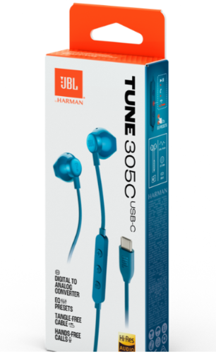 JBL Tune 305C, In-Ear, USB-C, žičane slušalice, plava