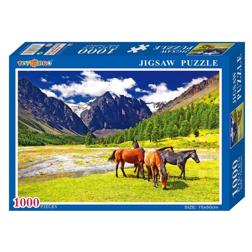 Puzzle 1000 kom - Planinski krajolik s konjima