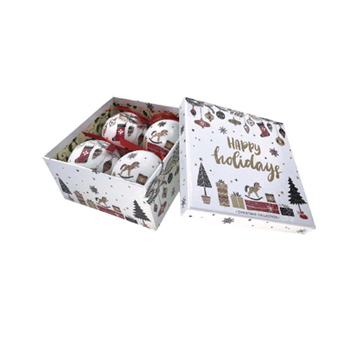 Božićne kuglice, 7.5 cm, 4 kom, bijele, čizmice i darovi