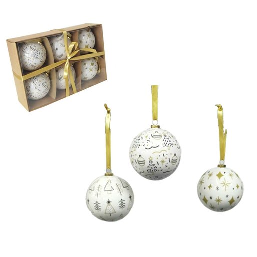 Božićne kuglice, 7.5 cm, 6 kom, bijele sa zlatnim