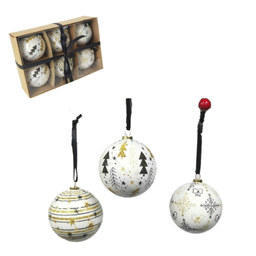 Božićne kuglice, 7.5 cm, 6 kom, bijele sa zlatnim-crnim
