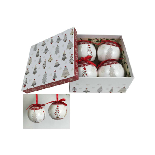 Božićne kuglice, 7.5 cm, 4 kom, snježno bijele s crvenim