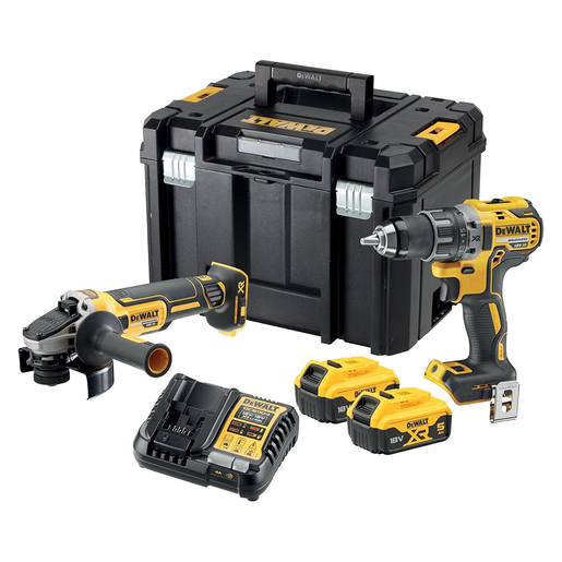 DEWALT akumulatorski set bušilica/odvijač DCD791 + DeWalt akumulatorska kutna brusilica DCG405, 2x 5,0 Ah, punjač, TSTAK kofer