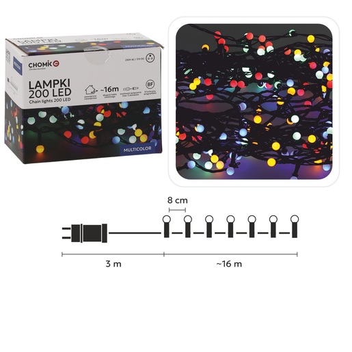 Božićne LED lampice – 200 LED, IP44, višebojne, 16 m, 8 načina osvjetljenja