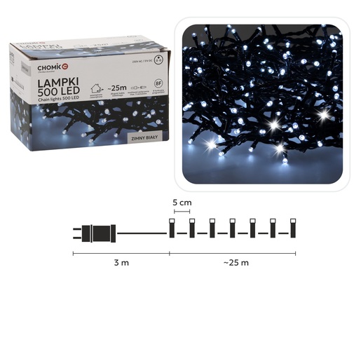 Božićne LED lampice - 500 LED, IP44, hladno bijela, 25 m, 8 načina osvjetljenja