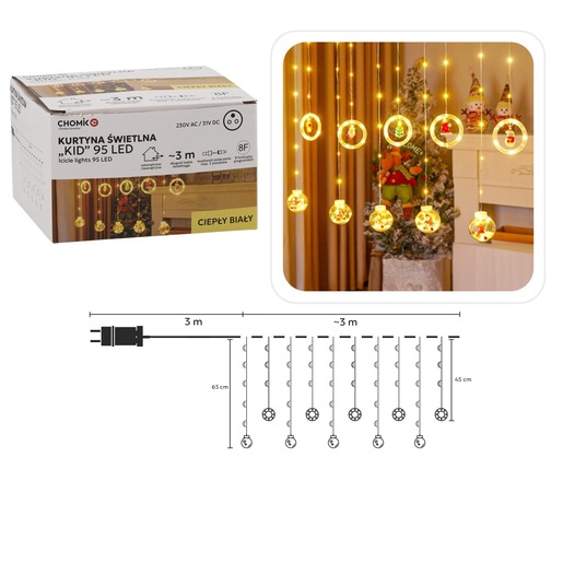 Božićne LED lampice za dječju sobu - Zavjesa - 95 LED, IP44, toplo bijela, 3m, 8 načina osvjetljenja