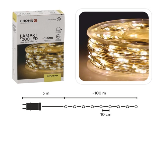Božićne LED lampice - 1000 LED, IP44, toplo bijela, 100 m, 8 načina osvjetljenja