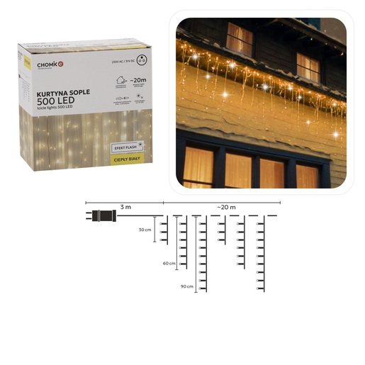 Božićne LED lampice - Zavjesa – 500 LED, IP44, toplo bijela, 20 m, efekt bljeska