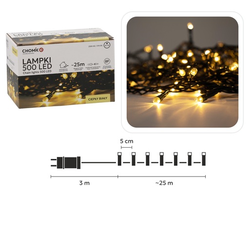 Božićne LED lampice - 500 LED, IP44, toplo bijela, 25 m, 8 načina osvjetljenja