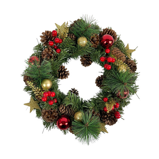 Božićni vijenac s crvenim i zlatnim ukrasima – 36 cm