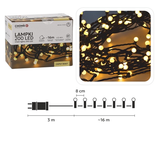 Božićne LED lampice – 200 LED, IP44, toplo bijela, 16 m, 8 načina osvjetljenja