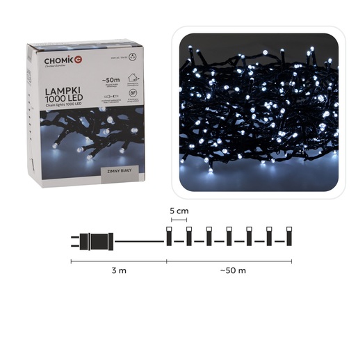 Božićne LED lampice – 1000 LED, IP44, hladno bijela, 50 m, 8 načina osvjetljenja
