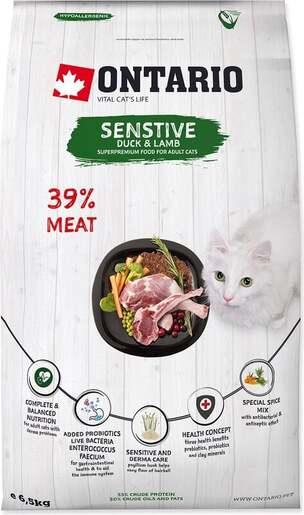 Ontario Adult Cat Sensitive/Derma 6,5kg, pačetina i janjetina