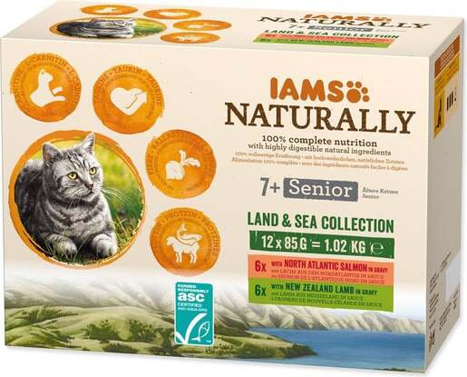IAMS Naturally Senior 7+ Cat Land & Sea Collection 12x85g, dva okusa