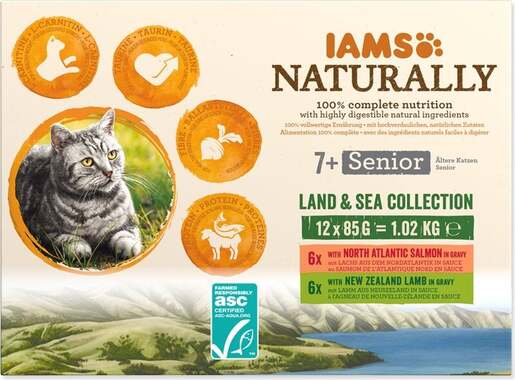 IAMS Naturally Senior 7+ Cat Land & Sea Collection 12x85g, dva okusa