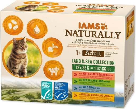 IAMS Naturally Adult Cat Land & Sea Collection 12x85g, četiri okusa