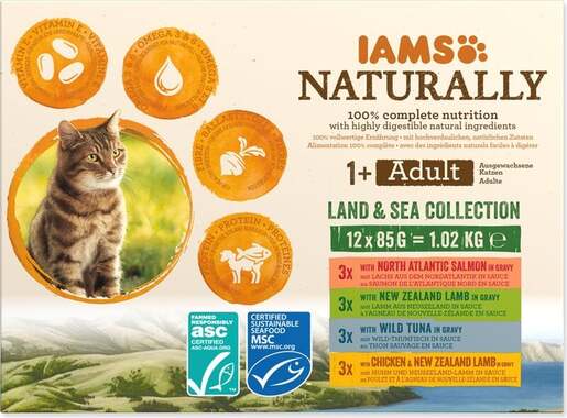 IAMS Naturally Adult Cat Land & Sea Collection 12x85g, četiri okusa